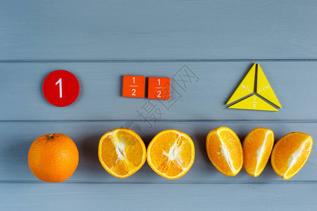 关闭数学分数和橙子作为灰色背景上的零件样本创意有趣的数学横幅教育图片