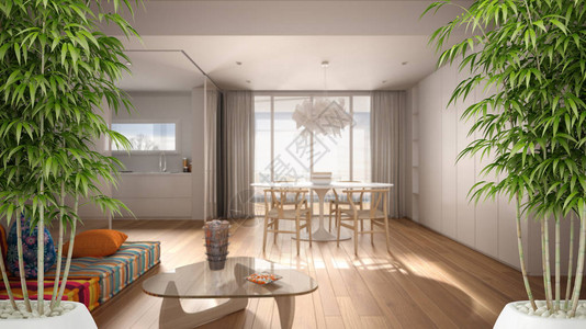 禅宗室内盆栽竹植物自然室内设计理念极简豪华客厅和厨房当代图片