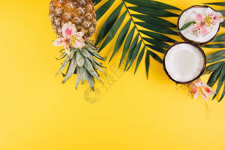 夏季水果热带棕榈叶菠萝和椰子的黄色背景平面顶视图片