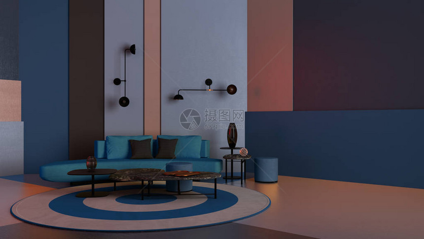 色彩缤纷的带蓝色沙发的休息室咖啡桌和装饰石膏色面板圆形地毯壁灯带复制空间的背景世博会图片