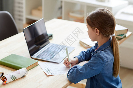 小女孩在与导师或老师的在线课程中使用笔记本电脑的高角度肖像图片