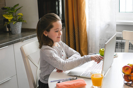 很可爱的女学生在家使用笔记本电脑冠状家庭学校在线教育家庭教图片