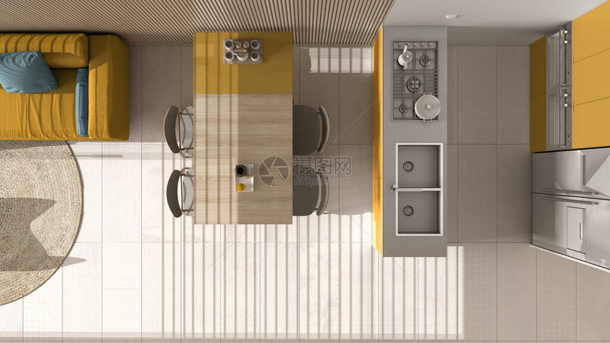 黄色调和木墙细节的现代客厅沙发带椅子的餐桌带岛和电器的厨房图片