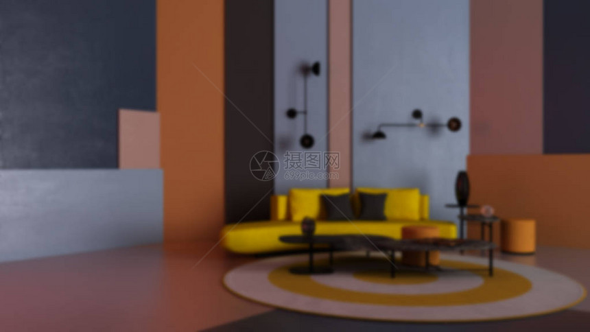 模糊背景室内设计色彩缤纷的客厅带黄色沙发的休息室咖啡桌和装饰石膏彩色面板地毯带复制空间的背景图片