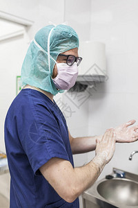 兽医在兽医诊所的手术中开始手术前洗手图片