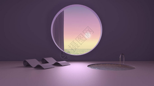 虚构的虚构建筑带窗帘的圆窗混凝土紫色墙壁带躺椅的游泳池日出落海全景的背景图片