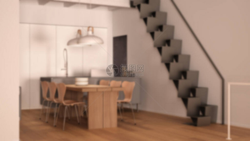 模糊背景室内设计带现代楼梯的简约厨房岛台带椅子的桌子吊灯镶木地板带外露横梁图片