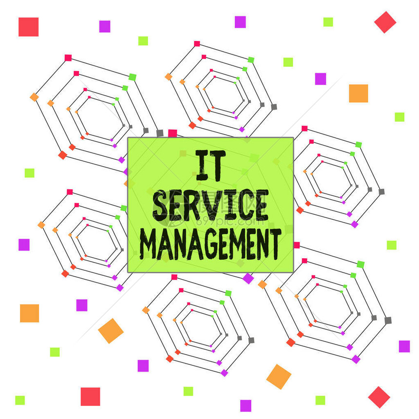 显示IT服务管理的文本符号以技术为中心的六边形同心图案随机散布彩色方块的政策生命周期政策指导的图片