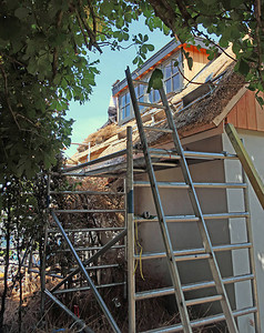 正在建设的带梯子的稻草屋顶图片