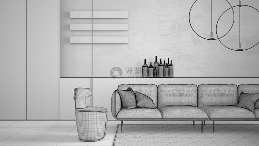 未完成的项目草图现代客厅沙发扶手椅地毯混凝土墙面板和装饰吊灯室内设计氛图片