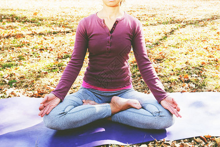 冥想和练习瑜伽莲花式莲花式的女人在公园的阳光明媚的秋日冥图片