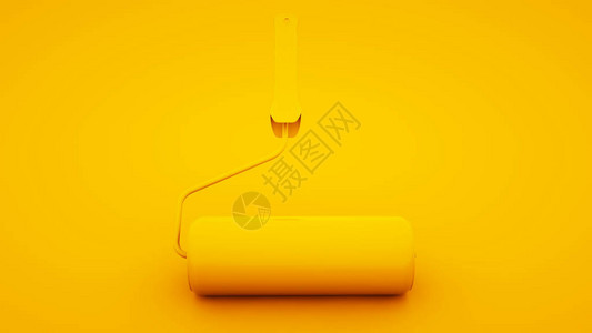 黄色背景上的黄色油漆滚筒3d渲染图片