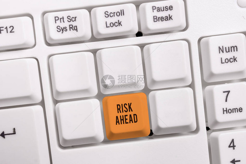 显示未来风险的概念手写概念含义损坏伤害责任损失的概率或威胁白色pc键盘图片