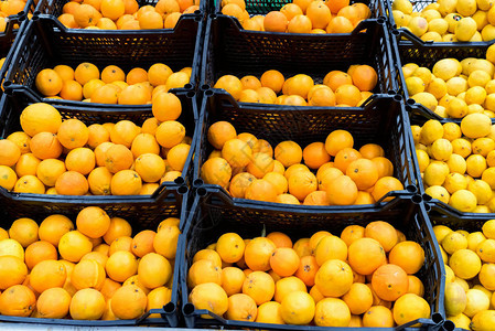 超市箱中新鲜熟橙子图片
