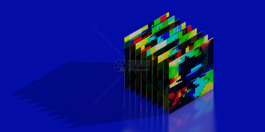 以平面薄文件形式呈现的数字色像素位于蓝色背景上图片