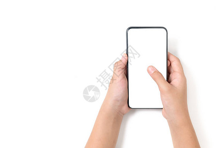 儿童手持带白屏幕的黑智能手机图片