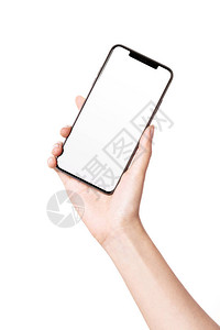 女手握智能手机白色的空图片