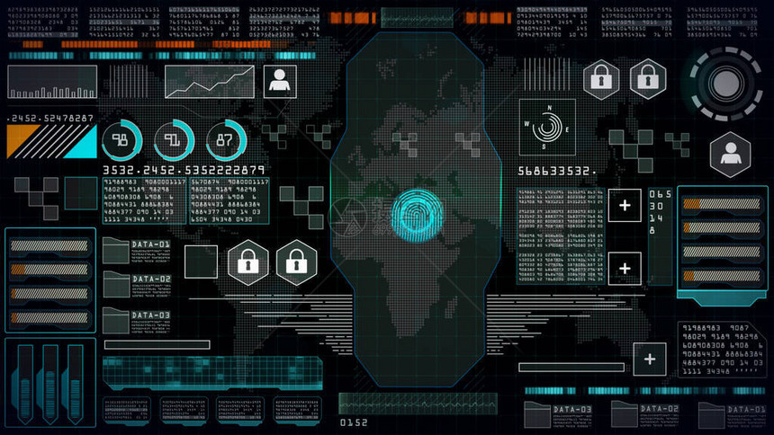 使用户界面头部显示未来界面计算机桌面屏幕摘要数字显示背景的指纹扫描仪单位图片