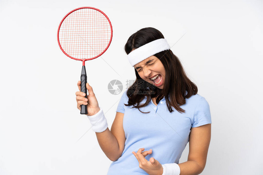 年轻的羽毛球女运动员在孤立的白人背景上图片
