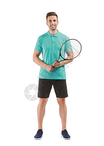 在白色背景的英俊的网球运动员图片
