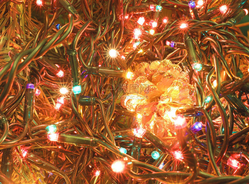 装饰灯和圣诞树上的金色松果图片