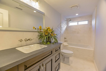 浴室内部可以看到内置浴缸马桶和梳妆台灰色的台面上放着一株开黄图片