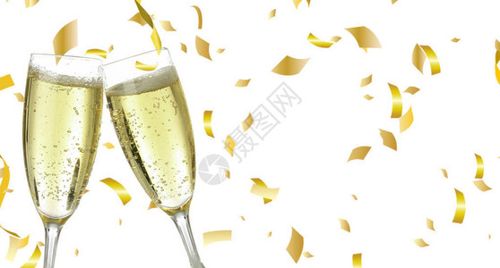 背景图像纹理复制空间横幅上的孤立白色两杯欢快的金黄色香槟庆祝圣诞快乐新年节在1背景图片