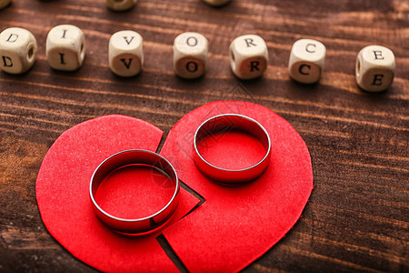 骨折的心脏戒指和DIVORCE字词由木本图片