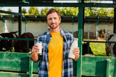 穿着格子衬衫的牧场主在农场上拿着瓶装和一杯新鲜牛奶图片