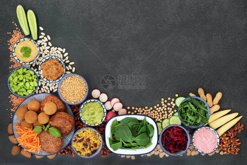 素食保健食品背景与高蛋白质欧米茄3抗氧化剂花青素维生素矿物质膳食纤维的免疫增强食品接壤道德饮食概念图片