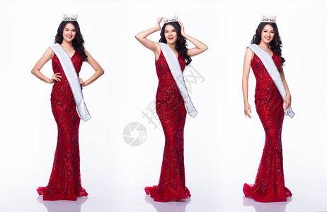 亚洲小姐选美大赛肖像红色亮片晚礼服长裙配浅钻石皇冠和腰带图片