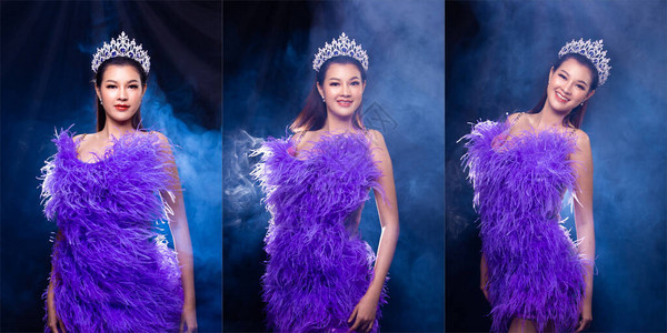 拼贴组肖像选美小姐选美比赛在紫色羽毛晚礼服与钻石皇冠图片