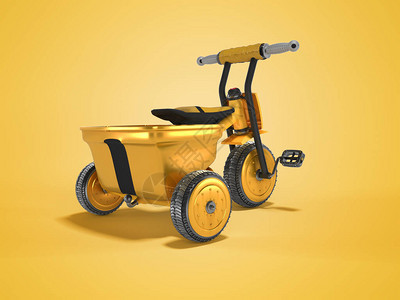 3D使黄色儿童三轮车为在黄背景和阴影下与世隔绝的儿童提图片