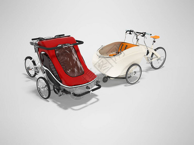 3D为灰色背景和影子的开放型儿童提供一套带婴儿车的白色成人自行车图片