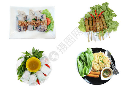 四个国际食物图像的顶端视图和背景图片