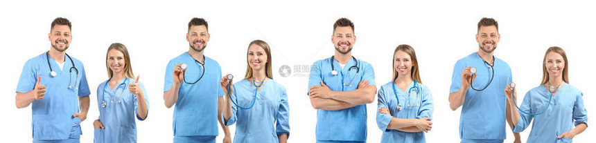 男护士和女护士与白本听诊器的图片