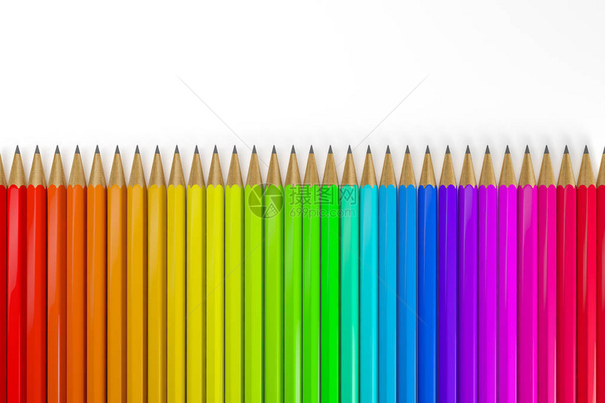 3d许多彩色铅笔在白色图片