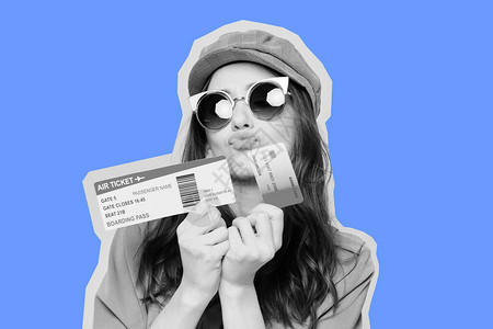 一个戴着眼镜的女孩手里拿着机票和信用卡图片
