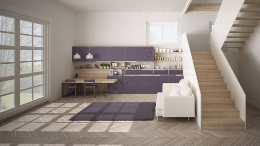 简约的现代白色紫色和木制厨房图片