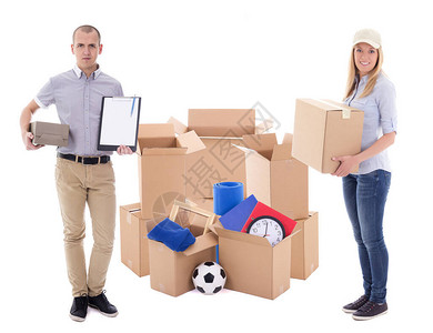白天搬家或送货概念带纸板盒的夫妇图片