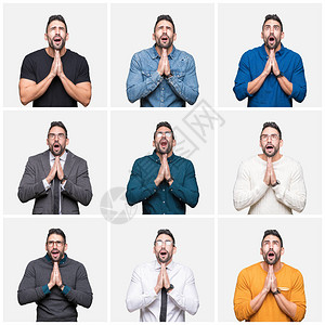英俊男人在孤立的背景乞讨和亲手祷告时被拼凑在一起图片