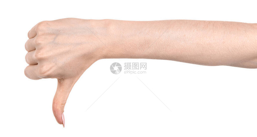 女白种人手孤立的白色背景显示手势拇指向下图片