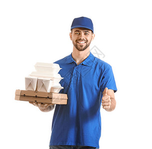 提供食品服务的英俊工人在白色背图片