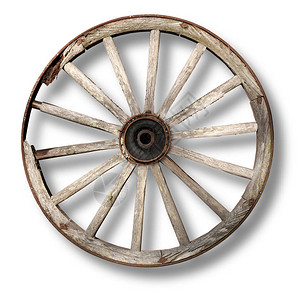 破旧的木制老式马车轮在白色背景上投下阴影图片