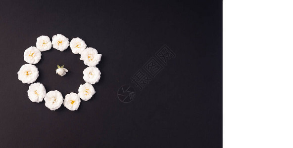 花组成黑色背景上的白色小玫瑰横幅母亲节情人节生日春天夏天的概念平躺顶视背景图片