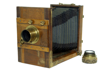 19世纪折叠摄影相机配有钟套用于图片