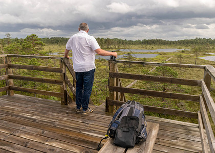 一个穿着白衬衫的男人看着木塔沼泽背景和植被白云小沼泽松树图片