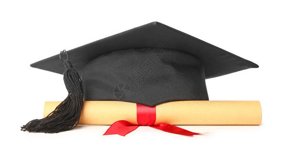 白色背景上的毕业帽和文凭图片