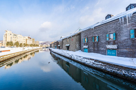 日本北海道冬季和雪季的大田运河风景美背景图片