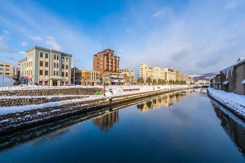 日本北海道冬季和雪季的大田运河风景美图片